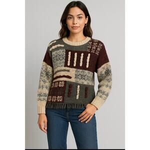 Rebecca Stone Patchwork Chunky Knit Sweater Women’s L Multicolor Boho 90s